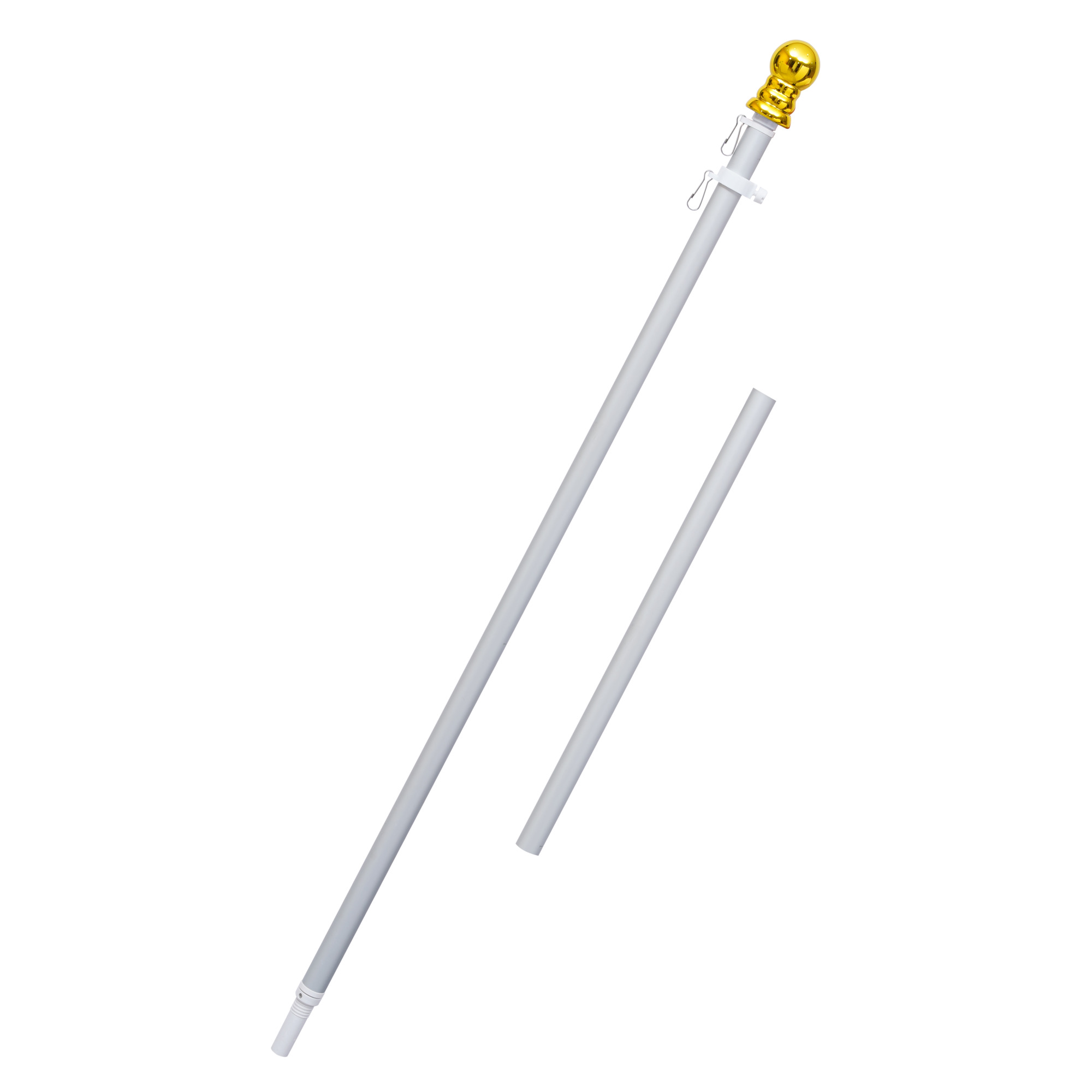 FlagStars 5FT Alum Silver Pole 2-Sec | Anti-Wrap Spinning Rings w/Gold Top | Model# FS-2S5FS-G